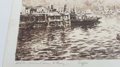 Tinus de Jongh.  Table Mountain and Waterfront Cape Town, 1920s.. Etching, original mount and frame.
