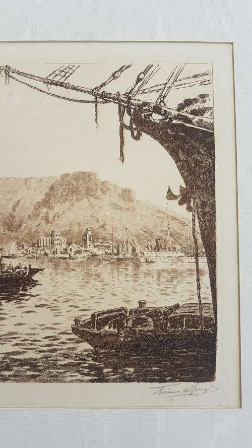 Tinus de Jongh.  Table Mountain and Waterfront Cape Town, 1920s.. Etching, original mount and frame.
