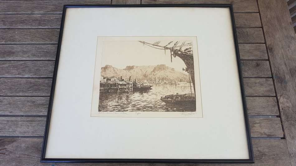 Tinus de Jongh.  Table Mountain and Waterfront Cape Town, 1920s.. Etching, original mount and frame.