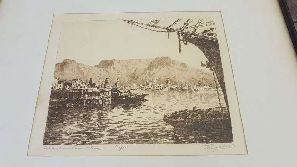 Tinus de Jongh.  Table Mountain and Waterfront Cape Town, 1920s.. Etching, original mount and frame.