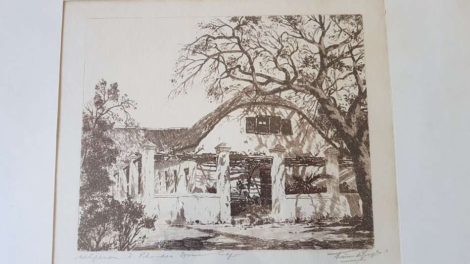 Tinus de Jongh.  Welgemeend, Rhodes Drive,  Cape Town, 1920s.. Etching, original mount and frame.