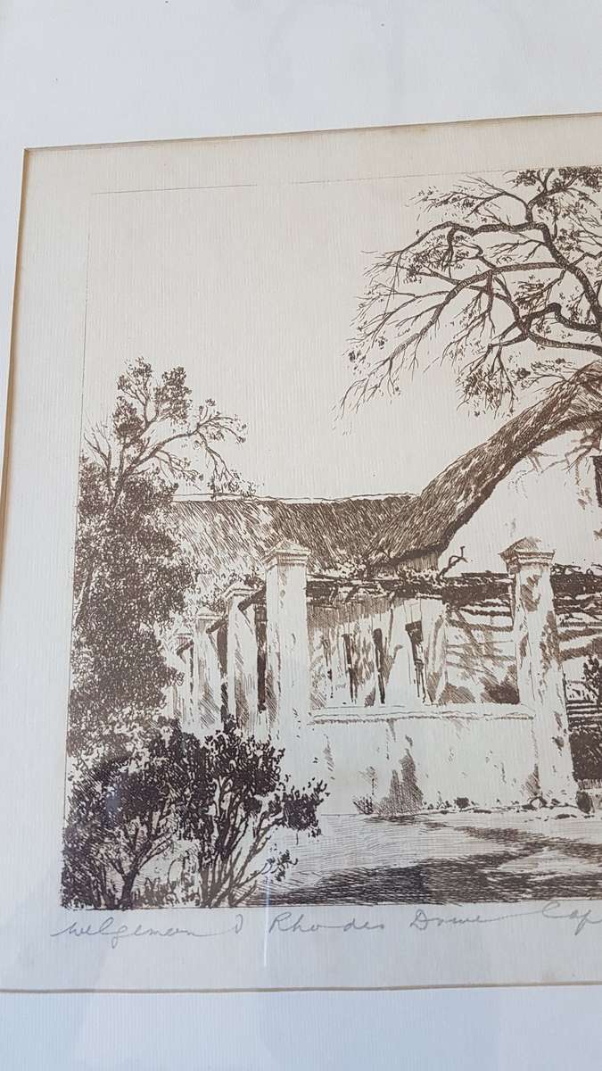 Tinus de Jongh.  Welgemeend, Rhodes Drive,  Cape Town, 1920s.. Etching, original mount and frame.