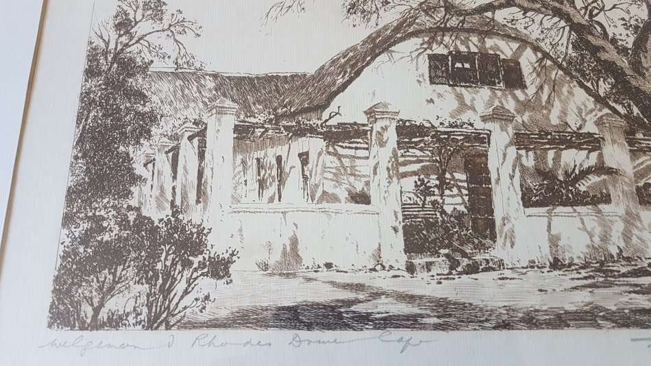 Tinus de Jongh.  Welgemeend, Rhodes Drive,  Cape Town, 1920s.. Etching, original mount and frame.