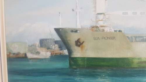 Painting of Ship Sea Pioneer of Safmarine by Jean Fuggle. Original Oil, signed and dated 1986.