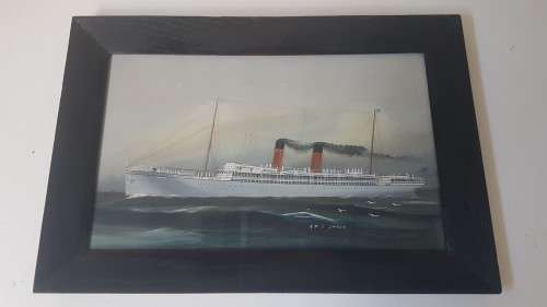 Watercolour of Union-Castle Ship R.M.S. Saxon, circa 1910. Finely painted. Title. Framed.