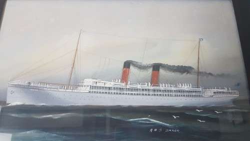 Watercolour of Union-Castle Ship R.M.S. Saxon, circa 1910. Finely painted. Title. Framed.