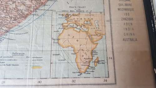 RARE  Castle Line Map of South Africa. c. 1890 , pre 1900. Shows shipping routes, fleet. Framed.