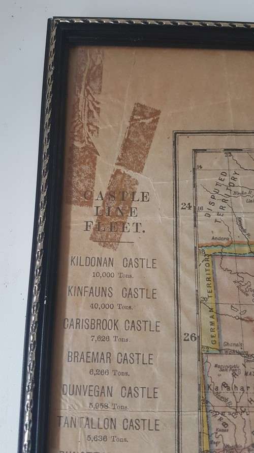 RARE  Castle Line Map of South Africa. c. 1890 , pre 1900. Shows shipping routes, fleet. Framed.