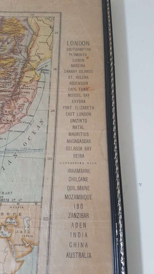 RARE  Castle Line Map of South Africa. c. 1890 , pre 1900. Shows shipping routes, fleet. Framed.