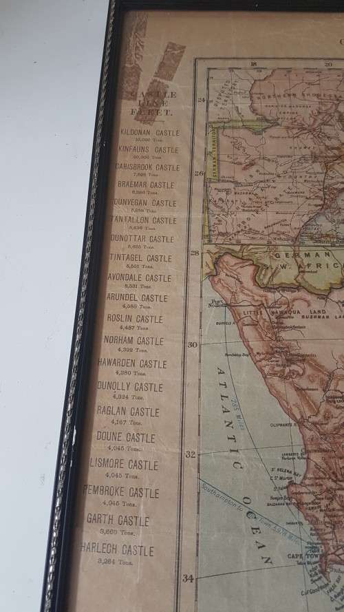 RARE  Castle Line Map of South Africa. c. 1890 , pre 1900. Shows shipping routes, fleet. Framed.