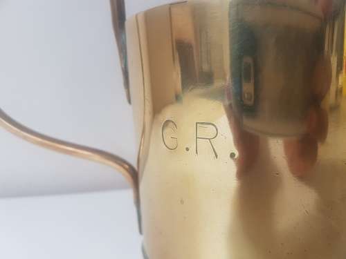 World War 1 drinking/ beer mug, solid brass made from shell. Engraved GR for George Rex ( King ). Ex