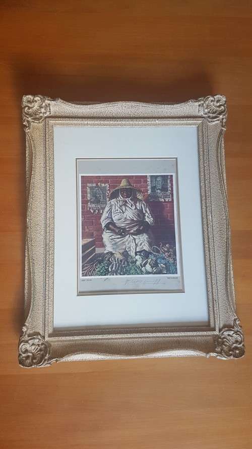 HAND SIGNED by Tretchikoff . Herb Seller. Framed Colour Plate. Ornate gilt mid-century frame.