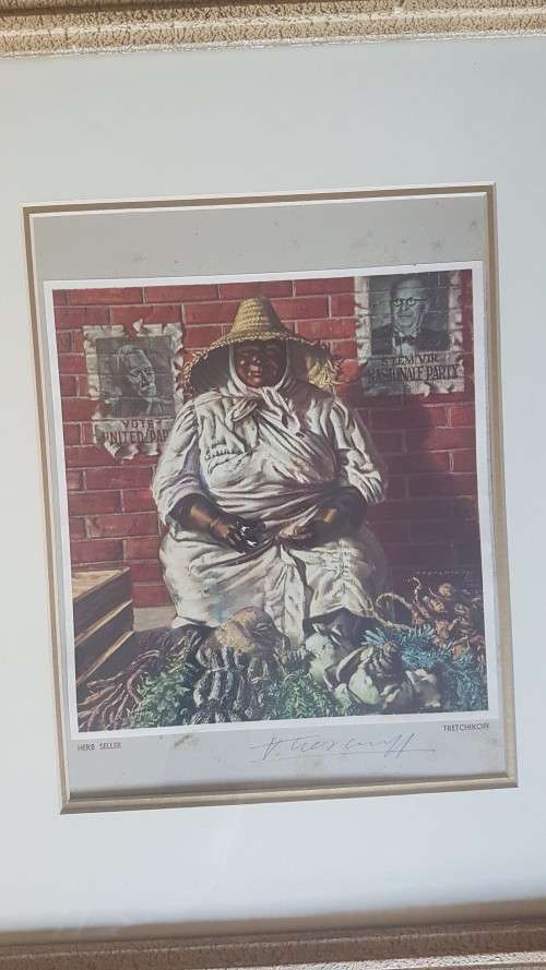 HAND SIGNED by Tretchikoff . Herb Seller. Framed Colour Plate. Ornate gilt mid-century frame.