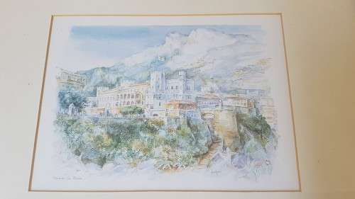 Watercolour print of Monaco, Prince's Palace, great new patterned white frame.