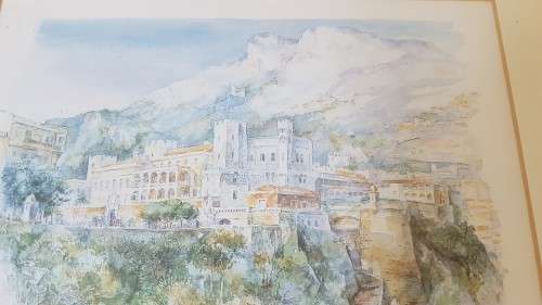 Watercolour print of Monaco, Prince's Palace, great new patterned white frame.