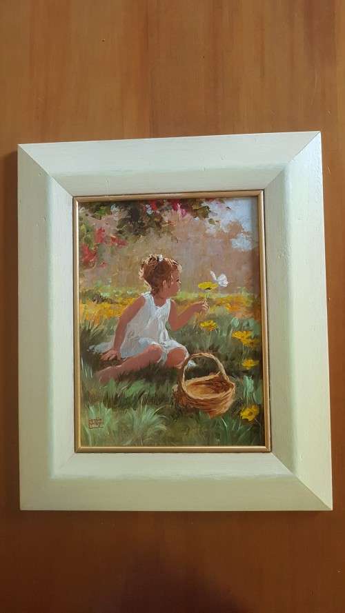 Lienkie Lombard (1949-)Geel en Wit./Girl with Flower. Original acrylic. Certificate of Authenticity.