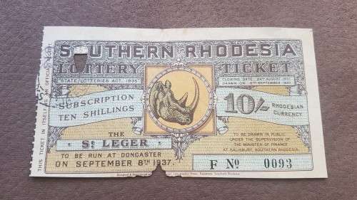 Southern Rhodesia Lottery Ticket. 1937 Rhino Early Issue Number 93