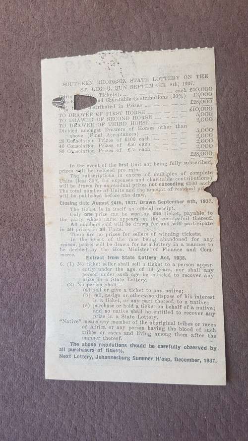 Southern Rhodesia Lottery Ticket. 1937 Rhino Early Issue Number 93