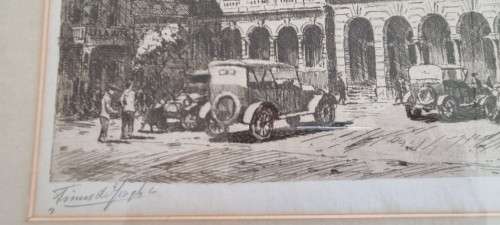 Tinus de Jongh Original Etching of Church Square Cape Town. c.1920s.  Vintage Cars. Herbert Baker.