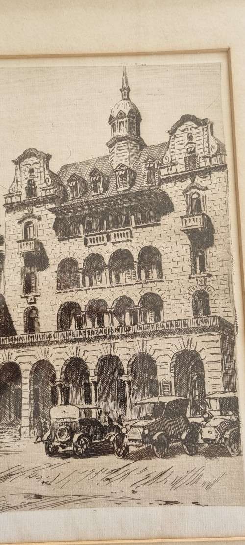 Tinus de Jongh Original Etching of Church Square Cape Town. c.1920s.  Vintage Cars. Herbert Baker.