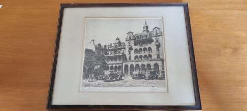 Tinus de Jongh Original Etching of Church Square Cape Town. c.1920s.  Vintage Cars. Herbert Baker.