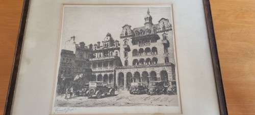 Tinus de Jongh Original Etching of Church Square Cape Town. c.1920s.  Vintage Cars. Herbert Baker.