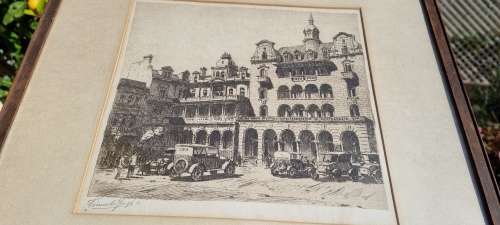 Tinus de Jongh Original Etching of Church Square Cape Town. c.1920s.  Vintage Cars. Herbert Baker.