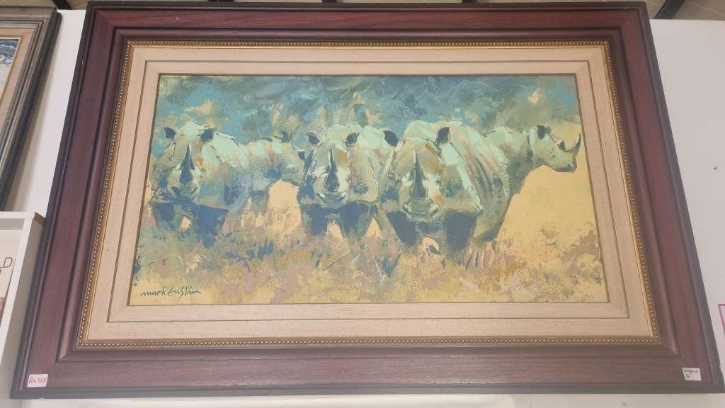 Mark Enslin RHINOS!  Original Oil Painting of Rhinos, Professional SA  Artist. Framed, 148cm x 100cm