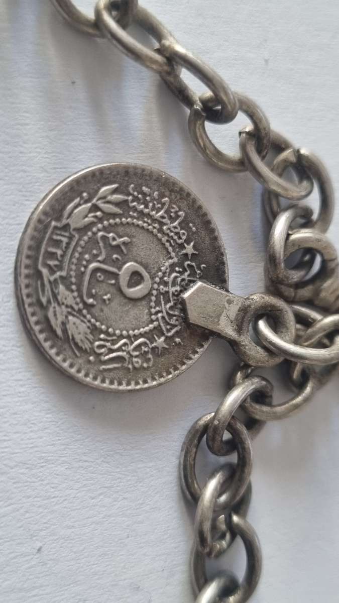 Handmade Necklace Turkish Zinc Pewter, textured domes 9 discs and Turkey 1909-1911 5 para coin!