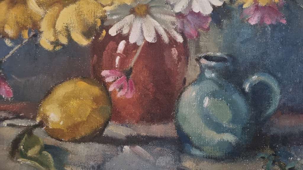 Johannes Borman.  ORIGINAL OIL FRAMED. Still life with daisies jug and lemon.