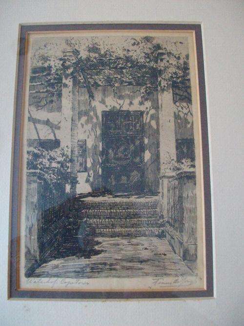 Tinus de Jongh Etching Waterhof Cape Town Signed. Mounted and Framed. REDUCED.