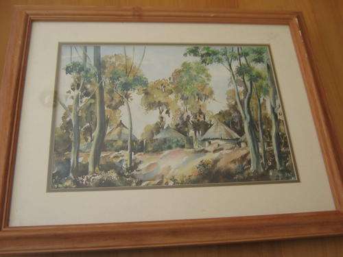 Original Watercolour. Three Huts Among the Blue Gum Trees. Signed, indistinct.  Mounted and Framed