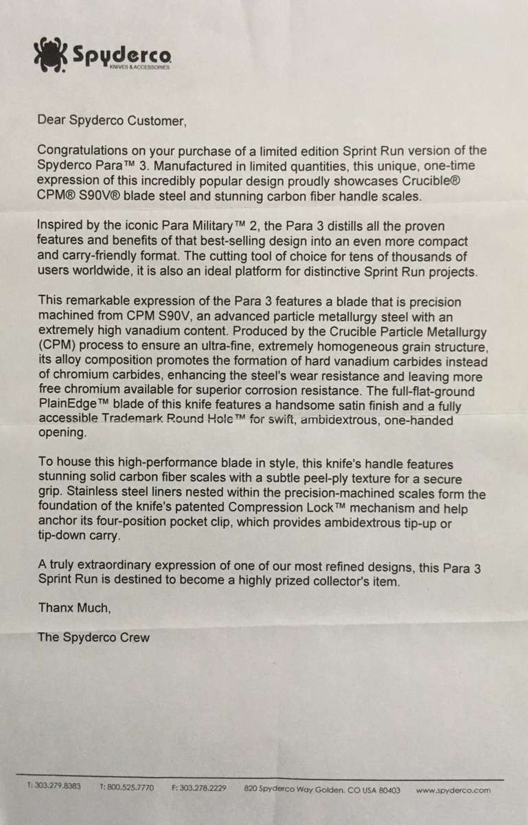 *LOW START* SPYDERCO. PARA 3. SPRINT RUN. (BLADE: CPM-S90V)