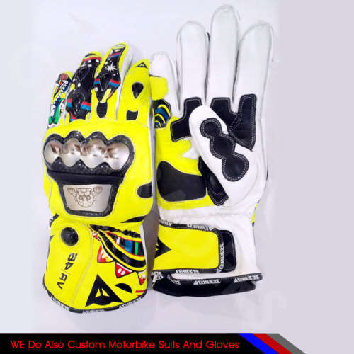 Dainese Fluorescent Yellow VR 46 Leather Motorcycle Motorbike Gloves All Sizes Available