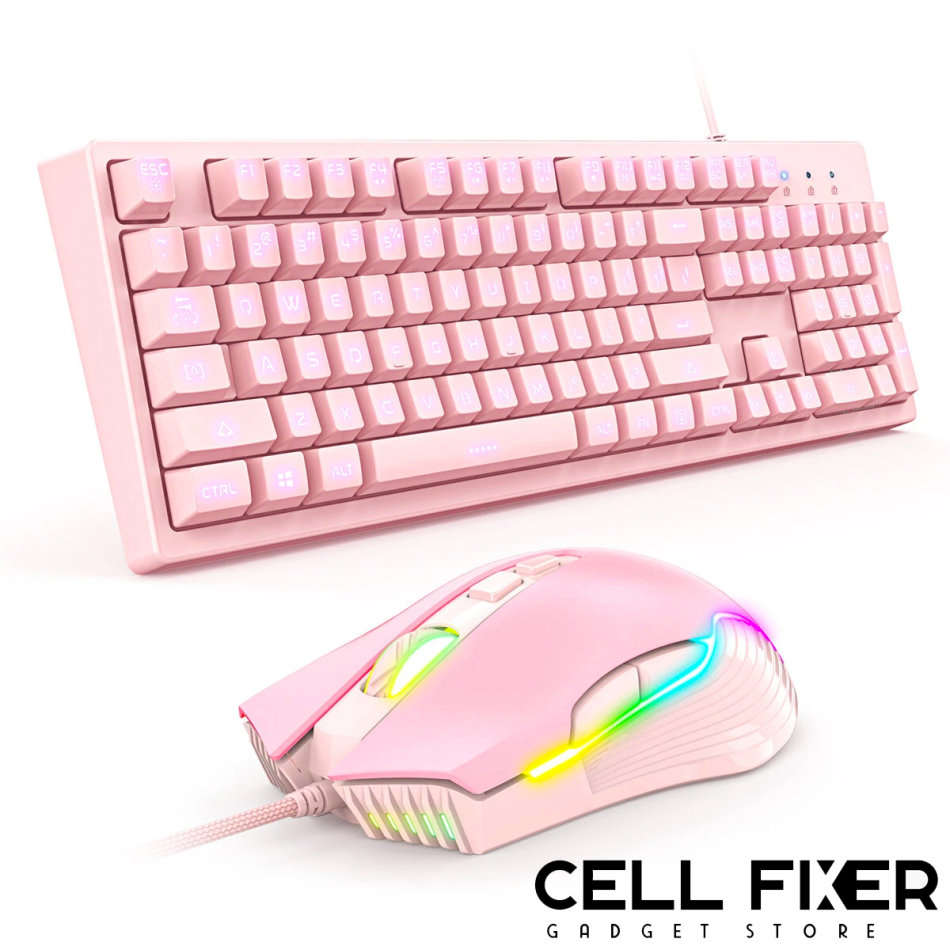ONIKUMA Professional 104 Keys Gaming Wired Keyboard & 6400DPI RGB Mouse for Laptop PC Gamer - PINK