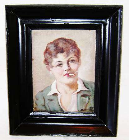 Vintage Edwardian framed and signed oil painting of a boy smoking