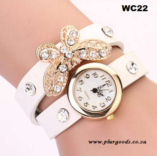 Rhinestone  Long Leather Sling Quartz Wrist Watch with BUTTERFLY