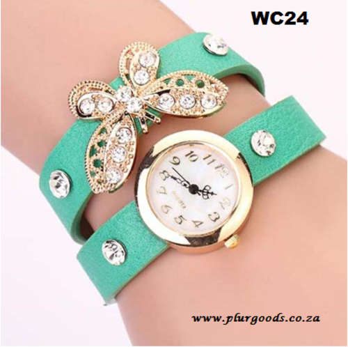 Rhinestone  Long Leather Sling Quartz Wrist Watch with BUTTERFLY