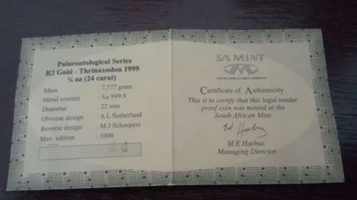 1999 Thrinaxodon S.A. Gold Coin, R2 Gold 1/4oz (7.777 gram) 24 carat MINT