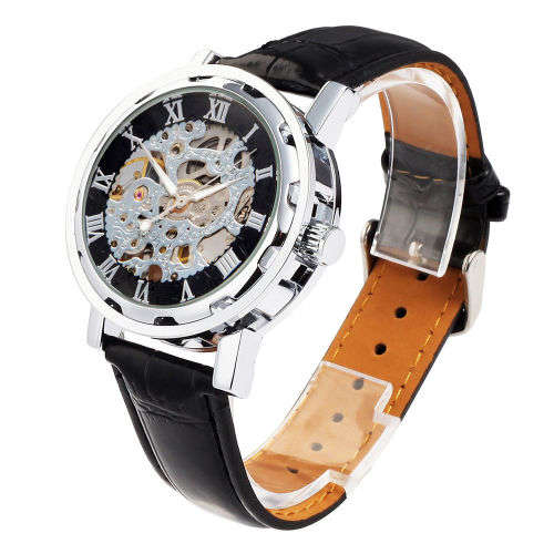 ##LOCAL STOCK##  Skeleton Mechanical Wrist Watch Leather Band - Black and silver -- BARGAIN