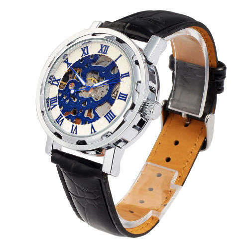Mens Skeleton Mechanical Wrist Watch Leather Band - Blue ____________________###Courier from R99###