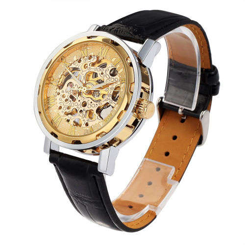 ##LOCAL STOCK##  Mens Skeleton Mechanical Wrist Watch Leather Band - Gold Face  - *FREE COURIER