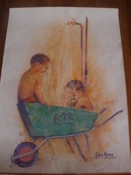 JERRY LION MOTAU, CHILDREN PLAYING IN WATER. MIXED MEDIA - PASTELS