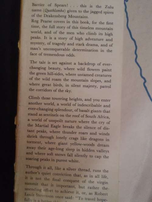 BARRIER OF SPEARS DRAMA OF THE DRAKENSBERG BY R.O. PEARSE - 1973