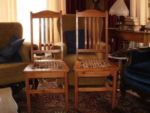 TWO LOVELY VINTAGE  PINE CHAIRS WITH RIEMPIES