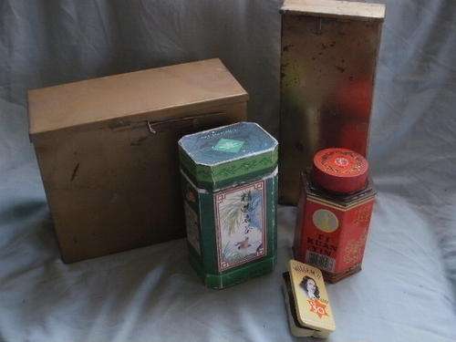 X4 OLD TINS & GREEN TEA BOX