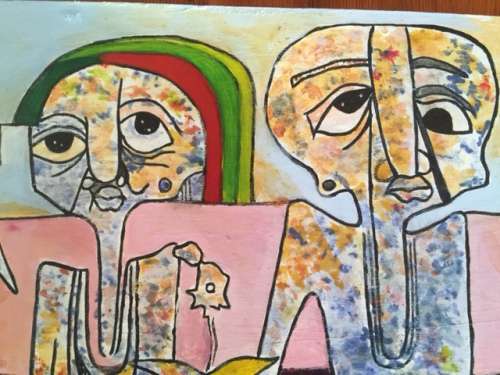 Speelman Mahlangu "Three Figures", Oil on Masonite Board