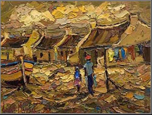De Wet Matthee "Fishermans Village" Oil Painting