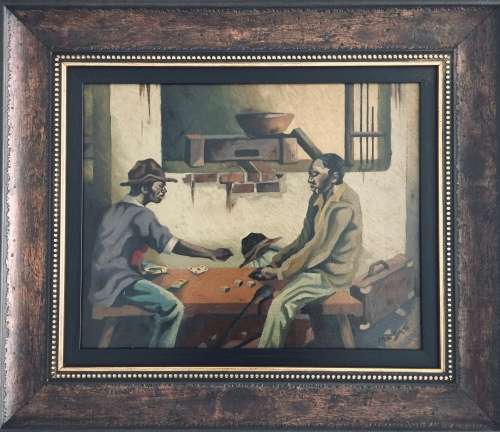 George Milwa Pemba `Card Game` Oil on Board