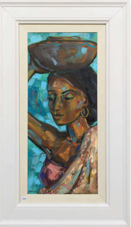 Dante Ruben (SA Born 1962) Oil, Lady Carrying a Bowl, Signed Size 62X27cm